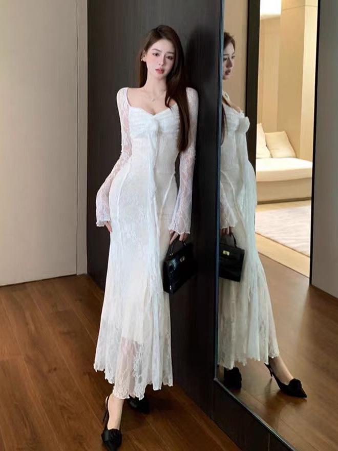 French 3D Floral Ribbon Long Sleeve Lace Fishtail Evening Dress for Women - Autumn Elegance.