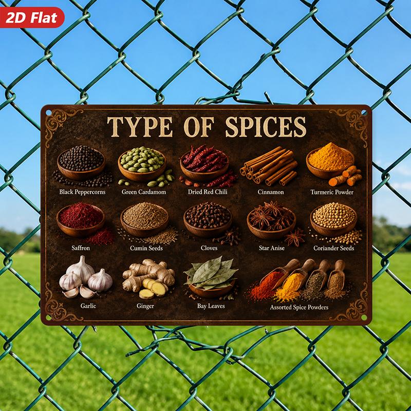 2D Flat, 1pc Spice Chart Metal Sign Wall Art, Type Of Spices, Spice Bowls, Herbs And Roots, Cinnamon Sticks, Rustic Warm Tone, Home Decor, Ideal for K