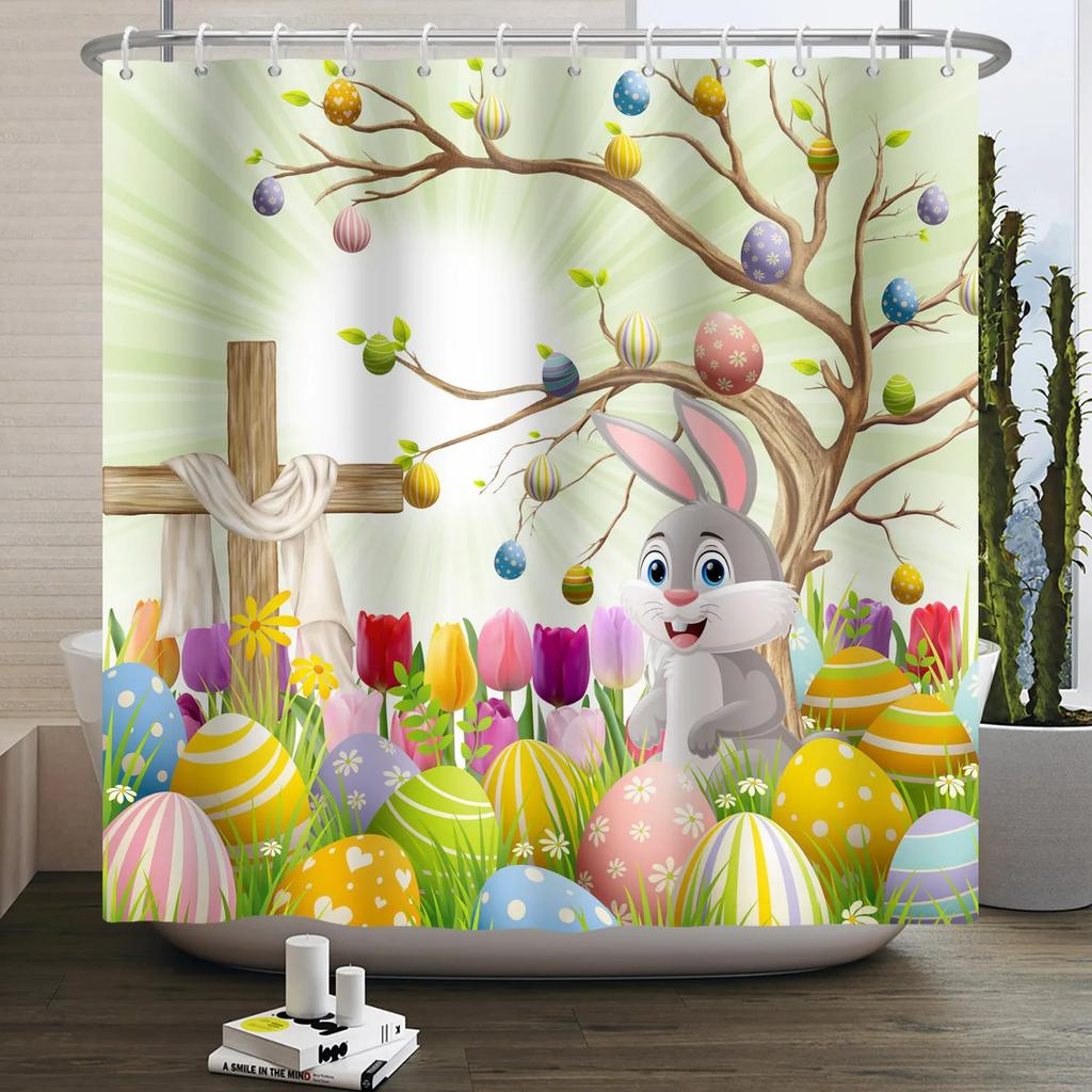Spring Easter Shower Curtain Happy Rabbit Bunny Eggs Flower Garden Floral Holiday Waterproof Bathroom Shower Curtain With Hooks
