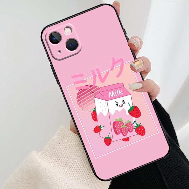 Kawaii Strawberry Milk Phone Case For iPhone 17 Pro Max 16 15 14 11 12 13 Pro Max mini 15 16 Plus 16e 17 Air Cover