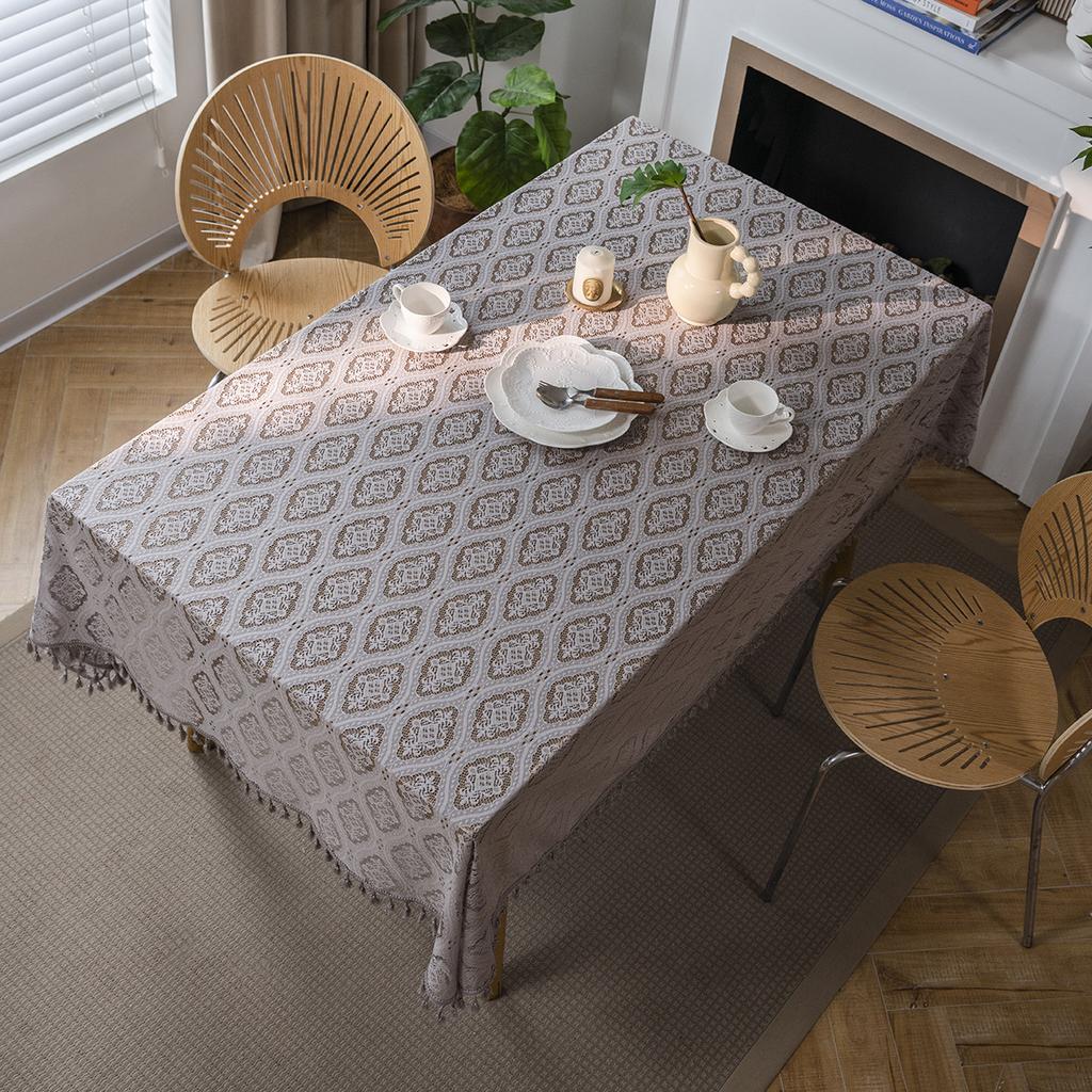 Bohemian Style Beige Tassel Tablecloth, American Pastoral Ins Hollow Crochet Rectangular Woven Table Mat, Geometric Pattern