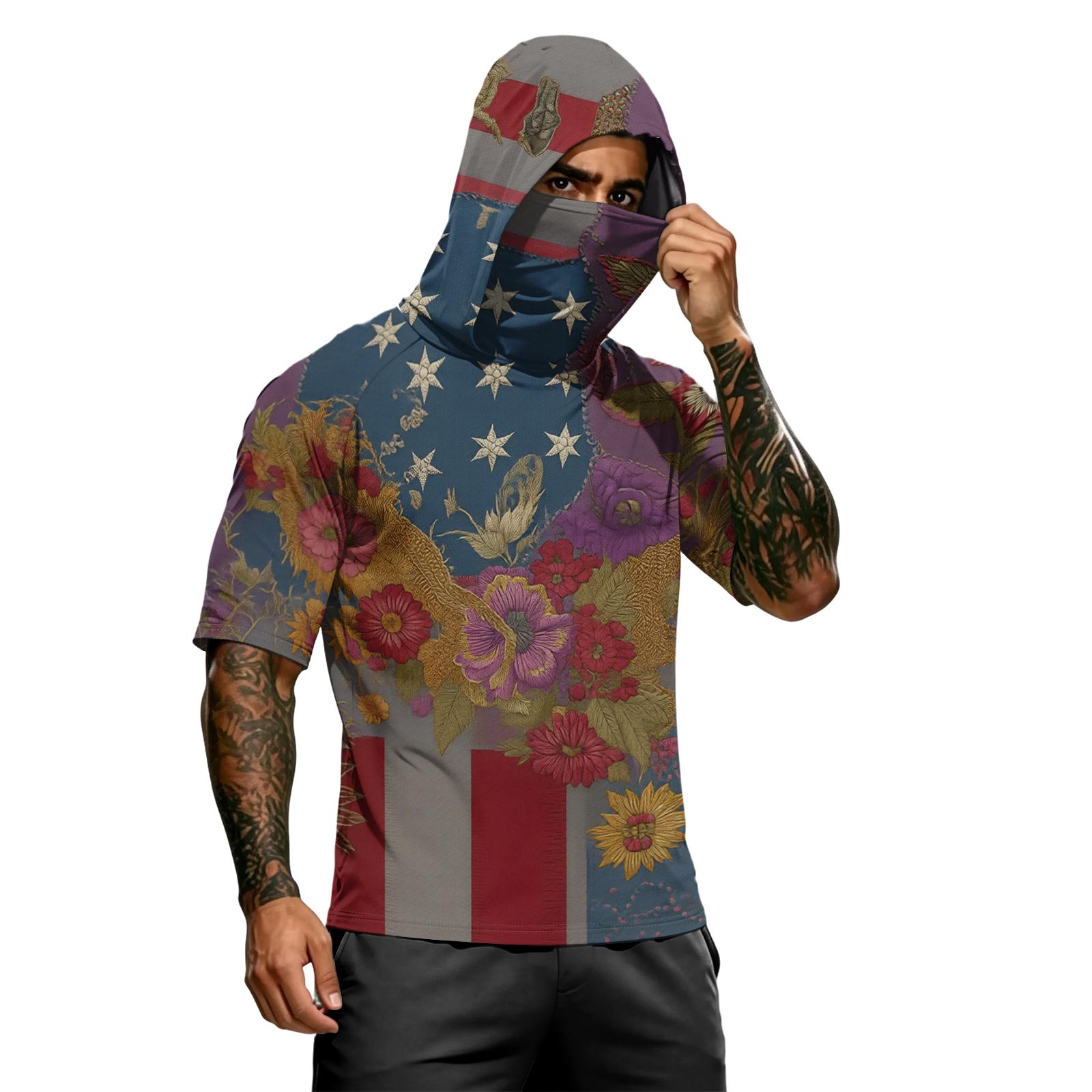 

Men s Short Sleeve Hooded T Shirt USA Flag Patchwork Graphic Print Casual Pullover Top with Drawstring Hood M