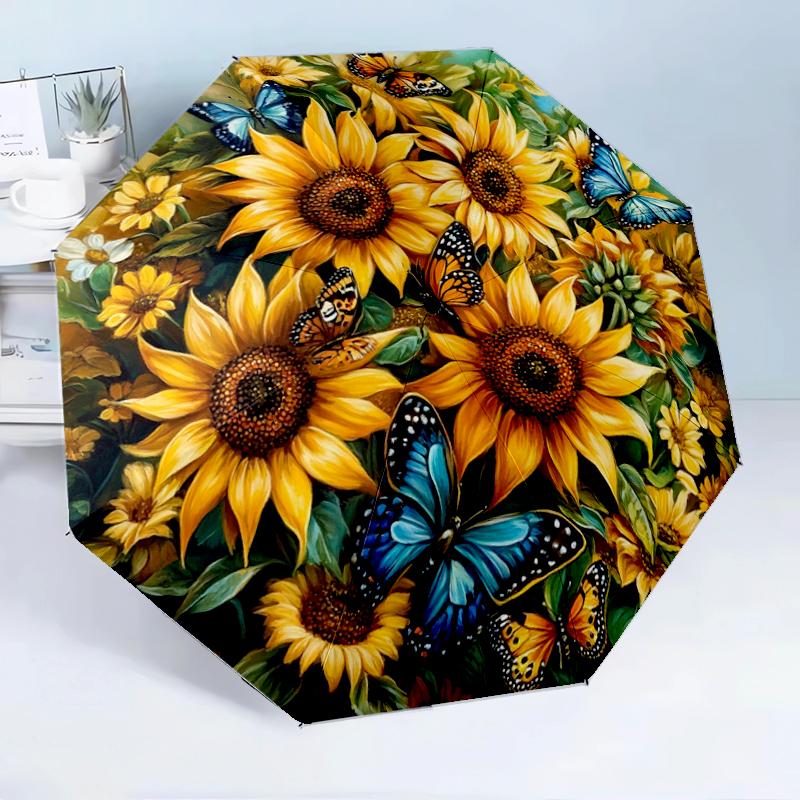 Sunflowers And Butterflies Garden 8-Frame for Travel, Camping, Casual Lightweight Portable Umbrella, Essential for Every Family Holidays Birthday Gift