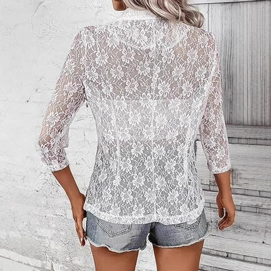 Spring Women's Elegant Lace Cardigan Top with Three-Quarter Sleeves