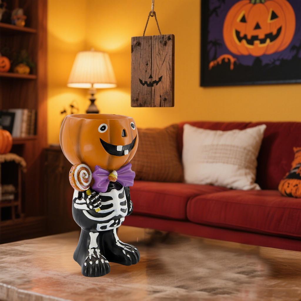 Halloween Resin Pumpkin Snack Jar, 11.02 Inches High, Halloween Pumpkinsculpture Statue Holding Lollipop, Snack Jar, Halloween Snack Jar