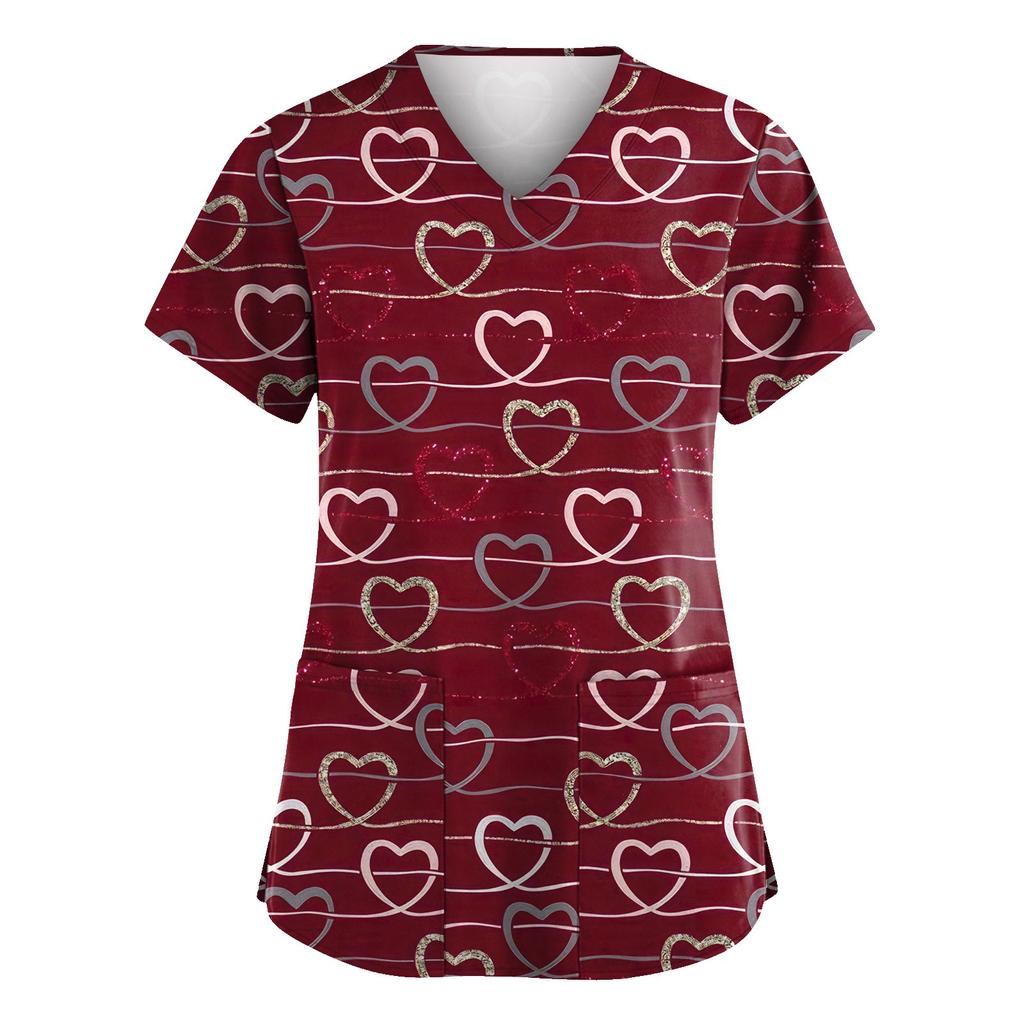 Women's Valentine's Day Printed  Uniform Work Uniform V-Neck Pocket Protective Uniform