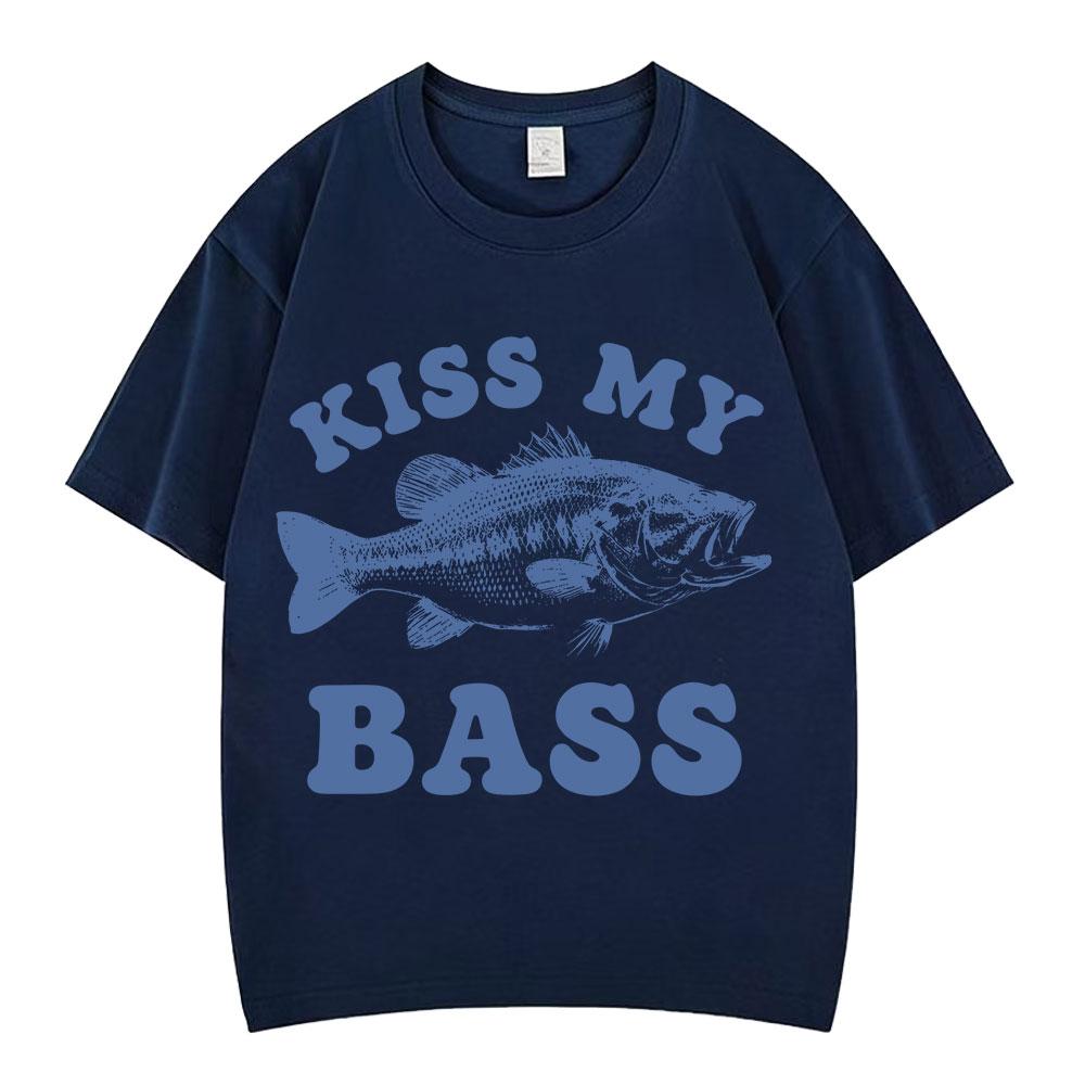 Retro Fishing T Shirt Kiss My Bass Funny Meme Tshirt Unisex Unisex Fashion Clothing T Shirt Summer Cotton Casual Tshirts Streetwear