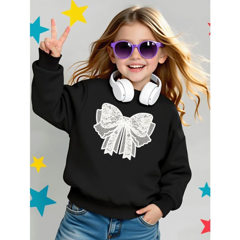 European sizes Girls Crew Neck Sweatshirt Lace Bow Pattern, Soft Cozy Pullover, Warm Casual for Autumn & Winter.