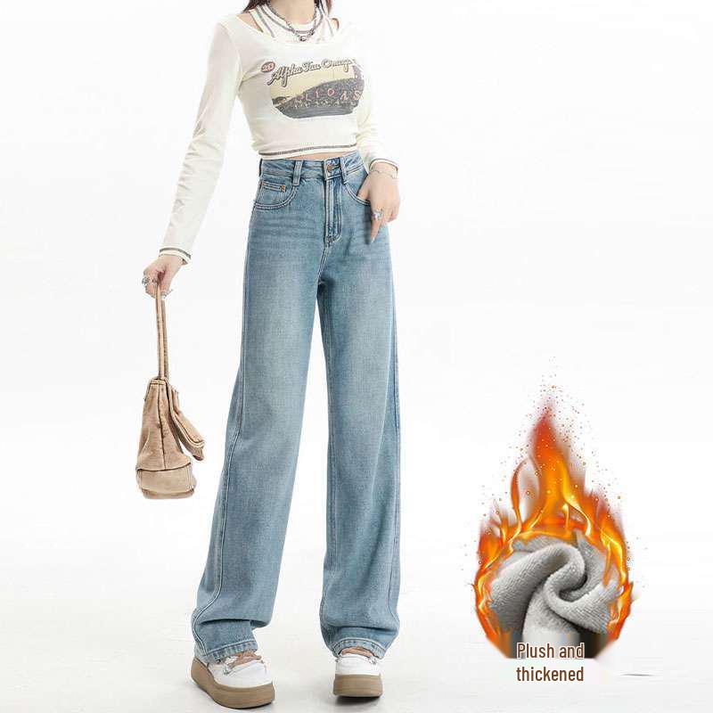 Women's High-Waisted Velvet Wide-Leg Jeans - Winter Warmth Pear-Shape Slimming, Floor-Length Loose Fit