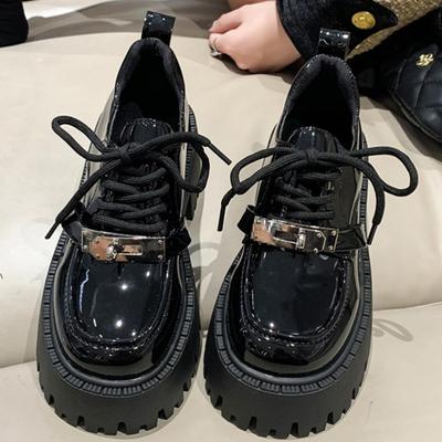Autumn Small Leather Shoes Platform Thick Heel Single Shoes New Muffin High Heel Loafers Women's Lock Strap Black Fashion