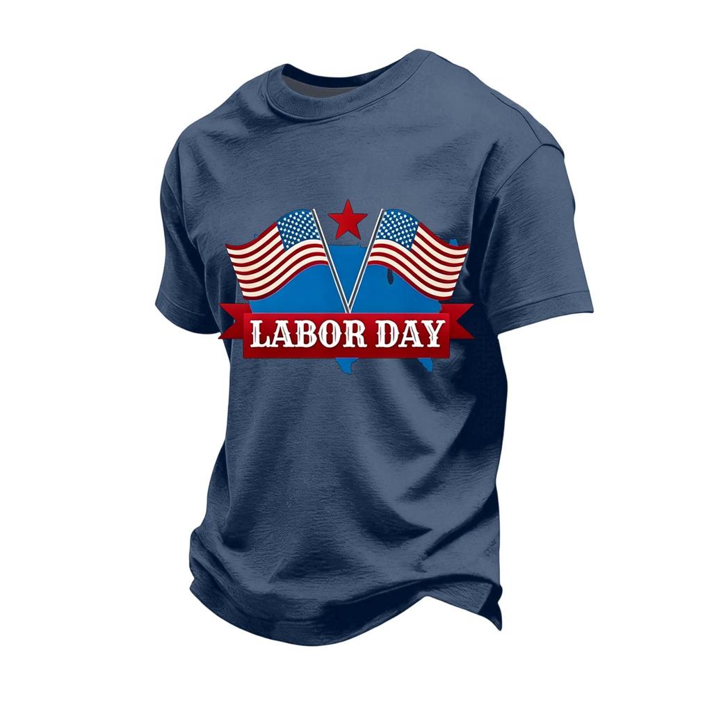 Men's Loose Fit Short Sleeve Casual T-Shirt Labor Day Printed Crew Neck Cotton Blend Top for Everyday Wear