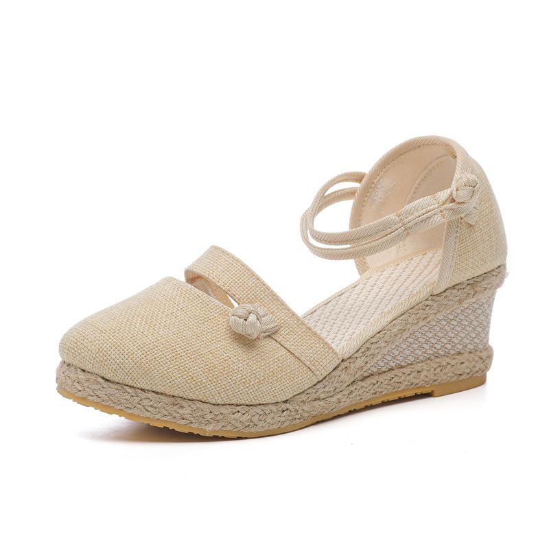2025 New Korean Style Women's Wedge Heel Sandals: Comfortable Pointed Toe Buckle Linen Casual Sandals