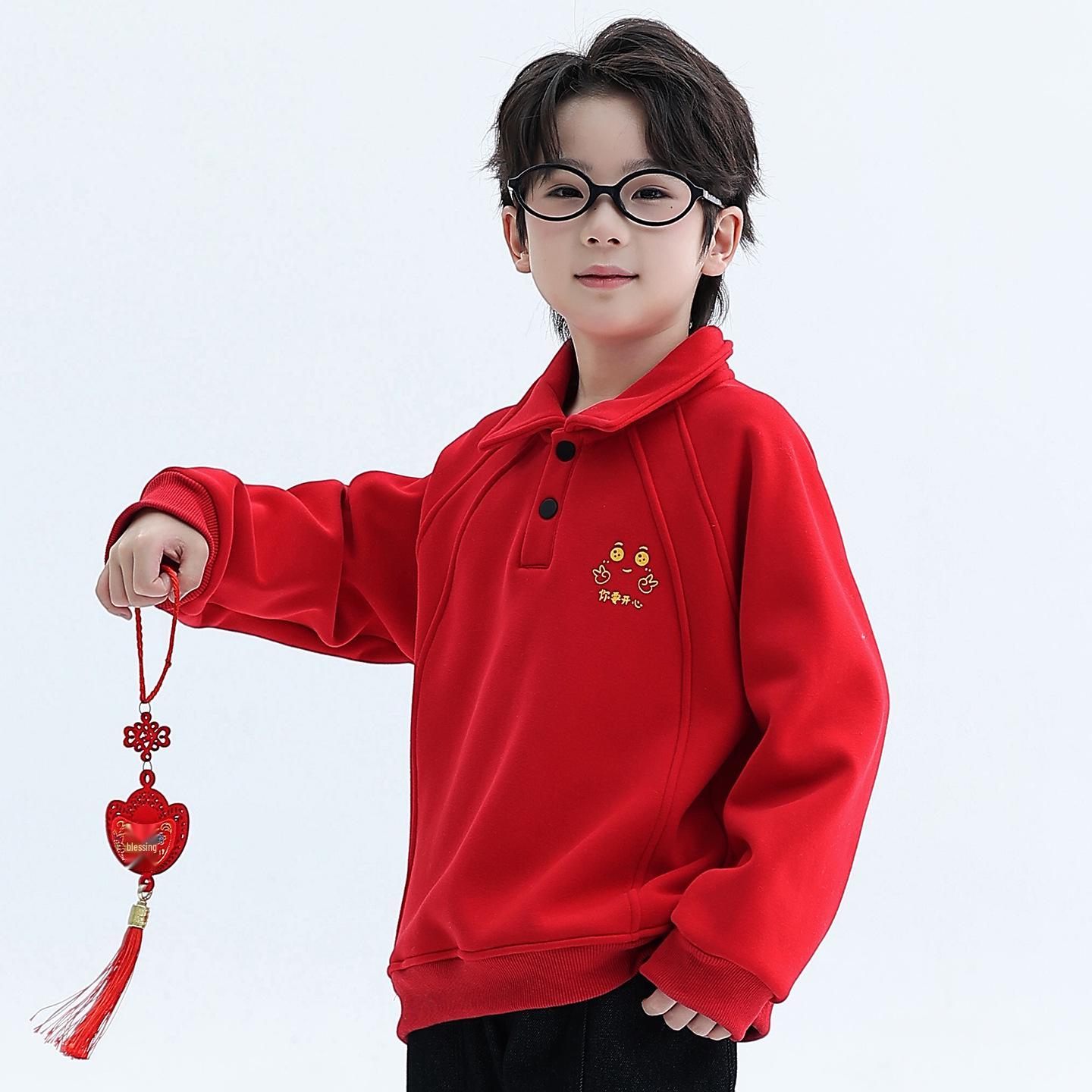 

Boys Red Fleece Hoodie - 2025 Autumn/Winter Zodiac Year of the Horse Outfit for Middle/Big Kids 140 яскраво-червоного кольору