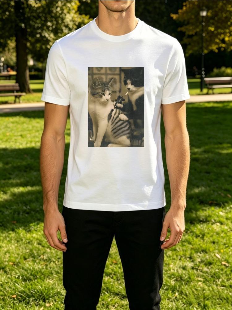 Unisexs Tee Retro Vintage Gangster Cats Gun And Cigarette Print Cotton Short Sleeve Male Streetwear Summer Daily Casual Outdoor Top
