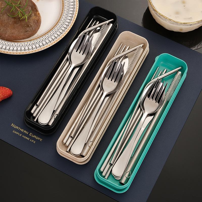Portable 7-Piece Stainless Steel Cutlery Set with Knife, Fork, Spoon, Chopsticks, and Straw