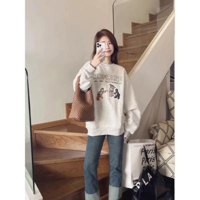 Crew neck sweater women's casual new bear foreign style loose love printing fleece thickened cover