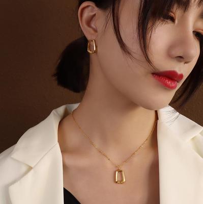 Marka French Geometric Square Necklace & Clavicle Chain Set with 18k Gold Titanium Steel Earrings Studs
