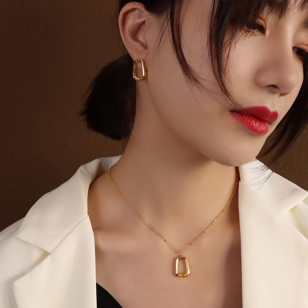 Marka French Geometric Square Necklace & Clavicle Chain Set with 18k Gold Titanium Steel Earrings Studs