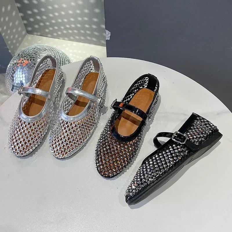 Crystal Rhinestone Fishnet Ballet Flats Woman Brand Design Rivet Mesh Mary Jane Shoes Ladies Summer Loafers  42