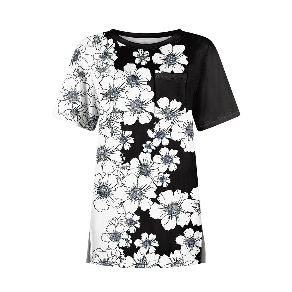 T-shirts för kvinnor rund hals uppklädd vardaglig blusar tryck kort ärm sommartoppar lös passform