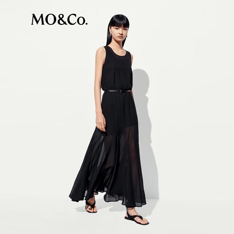 MO&Co. New Summer Black Sleeveless Mesh Tank Dress with Belt