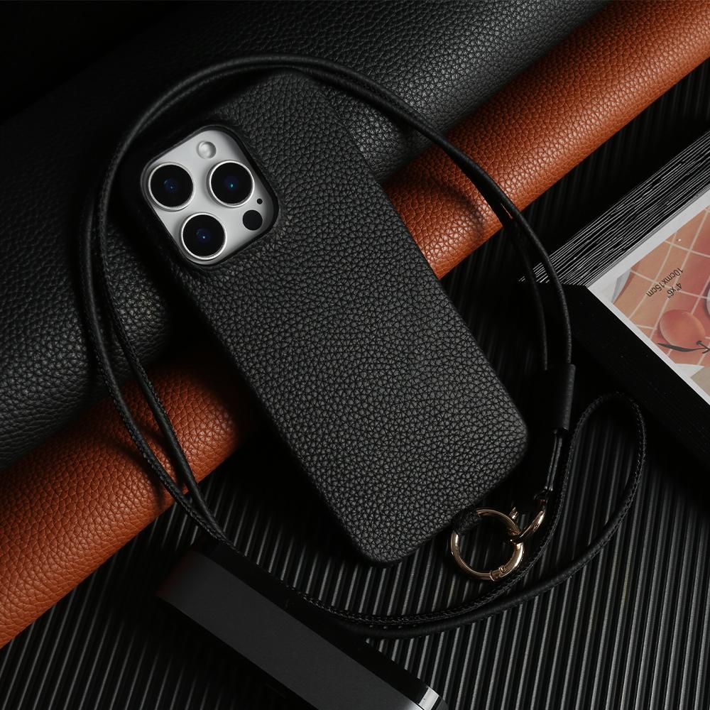 

For iPhone 13 Pro Max Case With Lanyard Genuine Cow Leather PC Phone Back Cover Black