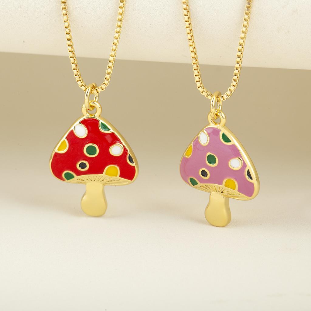 Nidin Cute Colorful Enamel Spotted Mushroom Pendant Cartoon Red/Pink Charm Necklaces For Women Girls Friendship Jewelry Gifts