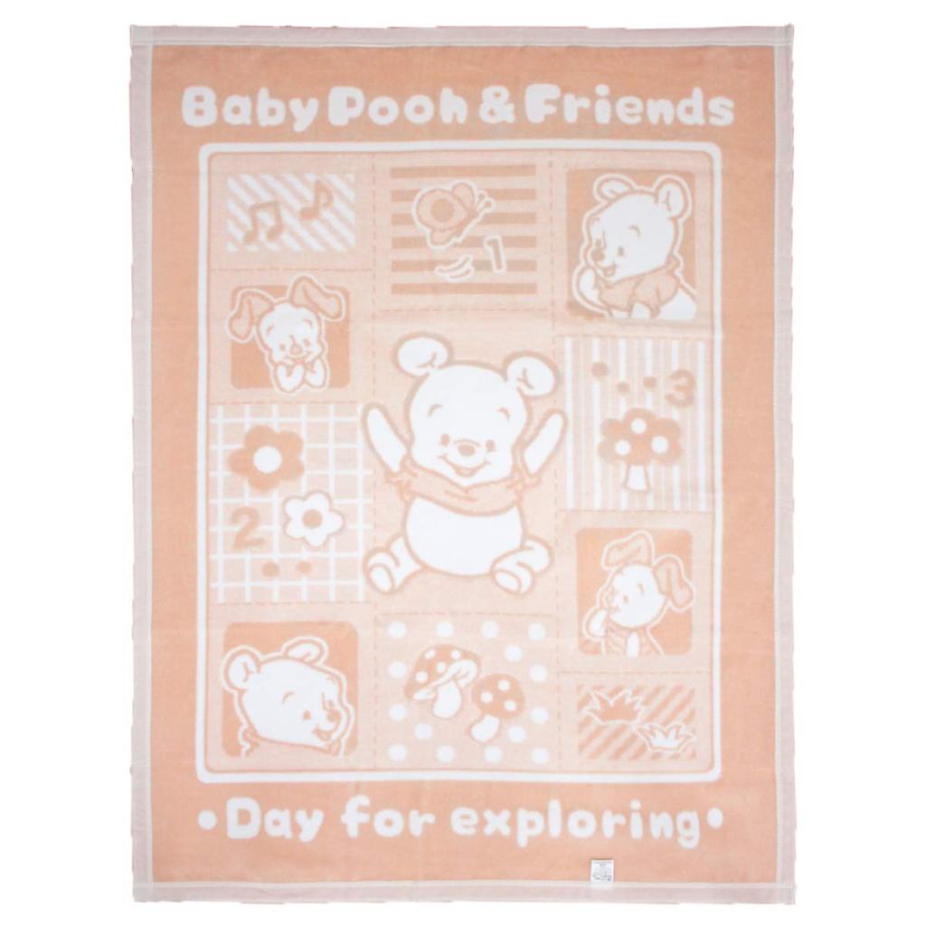 Un Doudou Made In Japan Baby Cotton Blanket, 85x115cm, Disney Baby Pooh & Friends, 100% Cotton, Jacquard Weave, Beige, NZ1335-BE