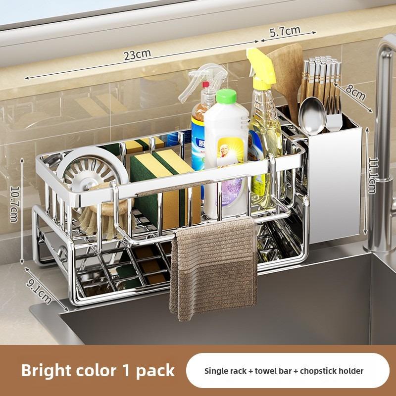 Stainless Steel Kitchen Sink Organizer, Faucet Rack, Sponge Holder, Towel Shelf, Self-Draining Storage for Sink Accessories