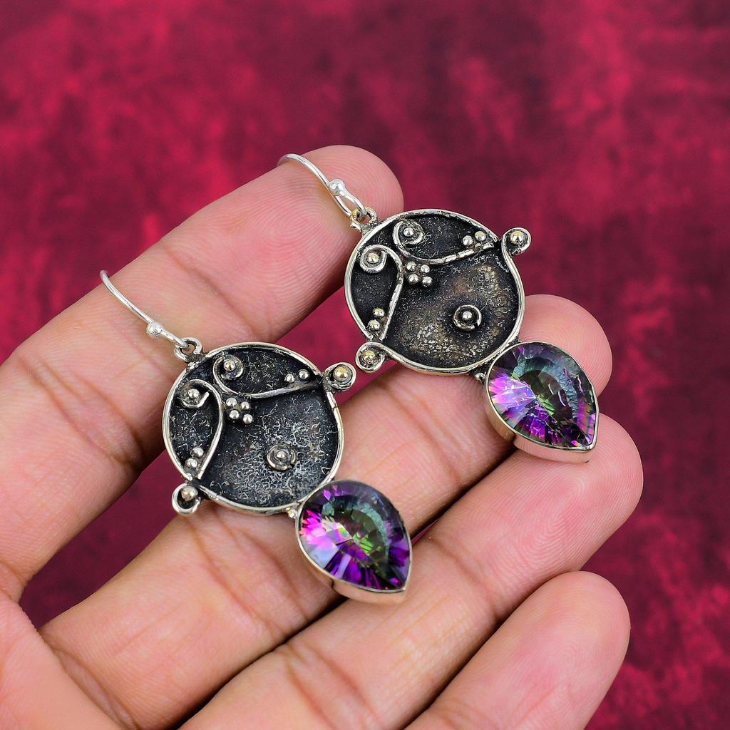 Mystic Topaz 925 Solid Sterling Silver Earrings, Handmade Gemstone Jewelry Earrings, For Memorial Day