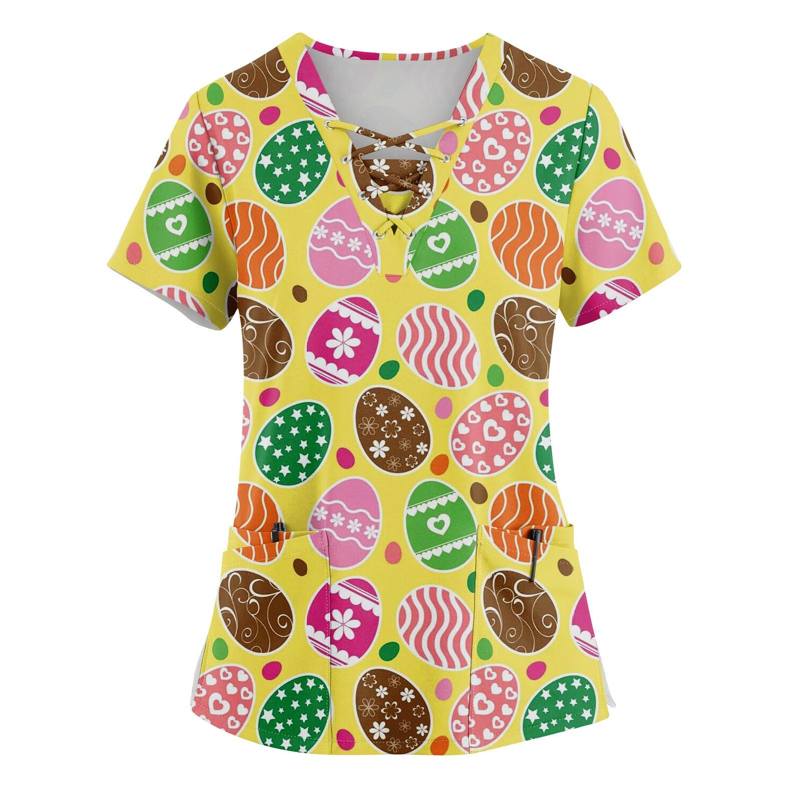 

Женский топ с коротким рукавом, V-образным вырезом, завязкой, принтом пасхального кролика и карманом XXXXXL циан