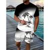 Men's Casual Summer Set, Coconut Tree Cartoon Short-sleeved Top And Two-piece Beach Vacation Capre Set
