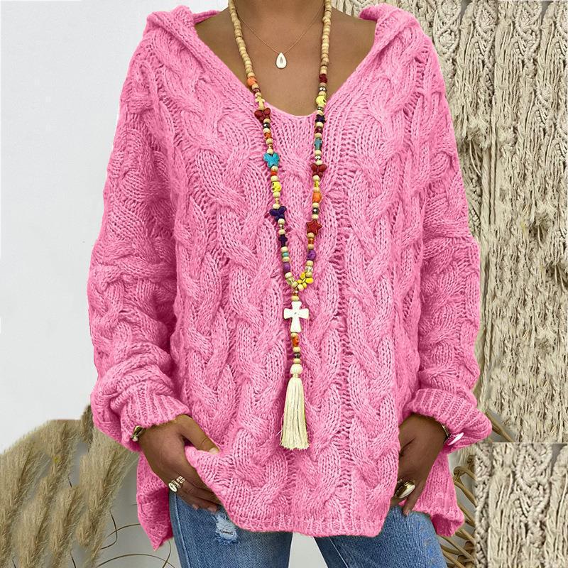 2026 Autumn Winter Pure Color Cable Knit Hoodie - European/American Bestseller