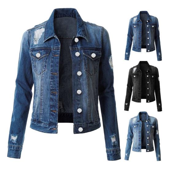 Giacca da donna Colletto rovesciato Manica lunga Monopetto Bottoni tinta unita Cappotto da donna in denim sciolto strappato Hip Hop Streetwear