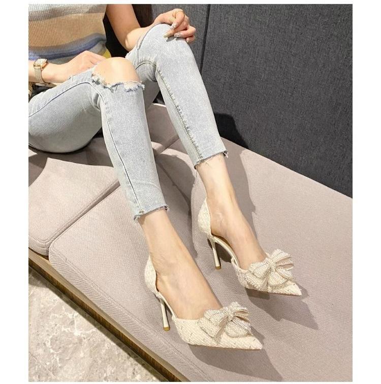 French Temperament Hollow Crystal High Heels Women's 2025 Spring and Autumn New Shallow Mouth Pointed Thin Heel Single Shoes Are Not Tired