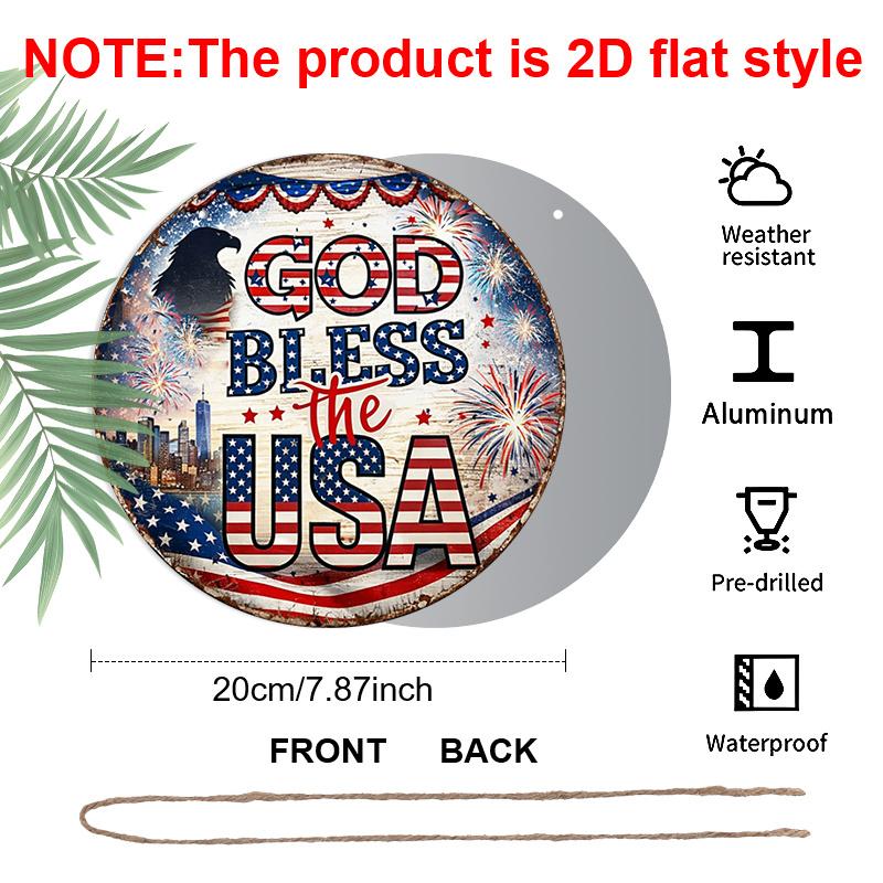 2D Flat - 1pc Round Aluminum Hanging Sign - "God Bless The USA" Patriotic Eagle & Firework Metal Wall Art, Decor for The 4Th of July, a Gift for