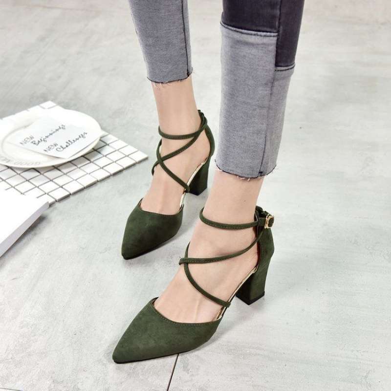 2025 Spring and Summer New Hollow Sandals Cross-strap Single Shoes Versatile Pointed One-word Buckle Korean Version of Thick-heeled Women's Shoes