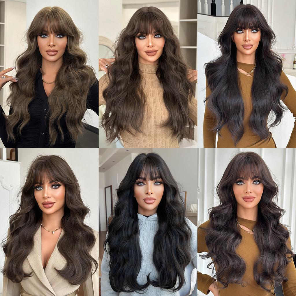 Women’s Natural Black Tea Brown Long Curly Wig with Blunt Bangs Full Wig for Daily Wear