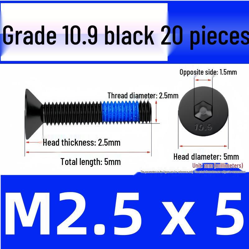 Black Anti-Slip Flat Cup Screw with Adhesive Blue Glue, Countersunk Hexagon Socket, Available in M2-M8 Sizes