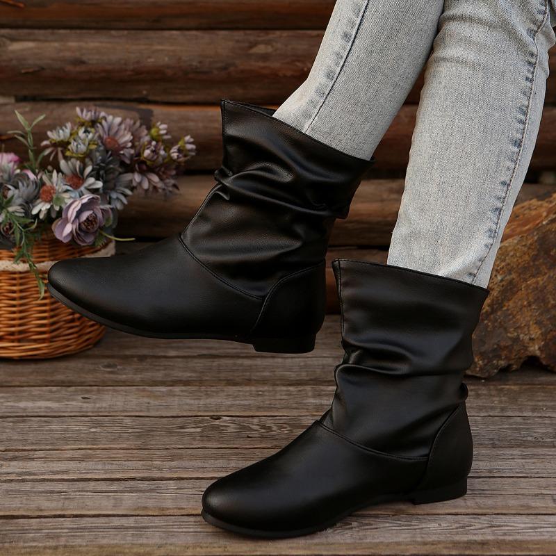WISH Women's Sexy Short Boots Stacked Short Boots Round Head Low Heel Cuff Large Size Short Fashion Boots