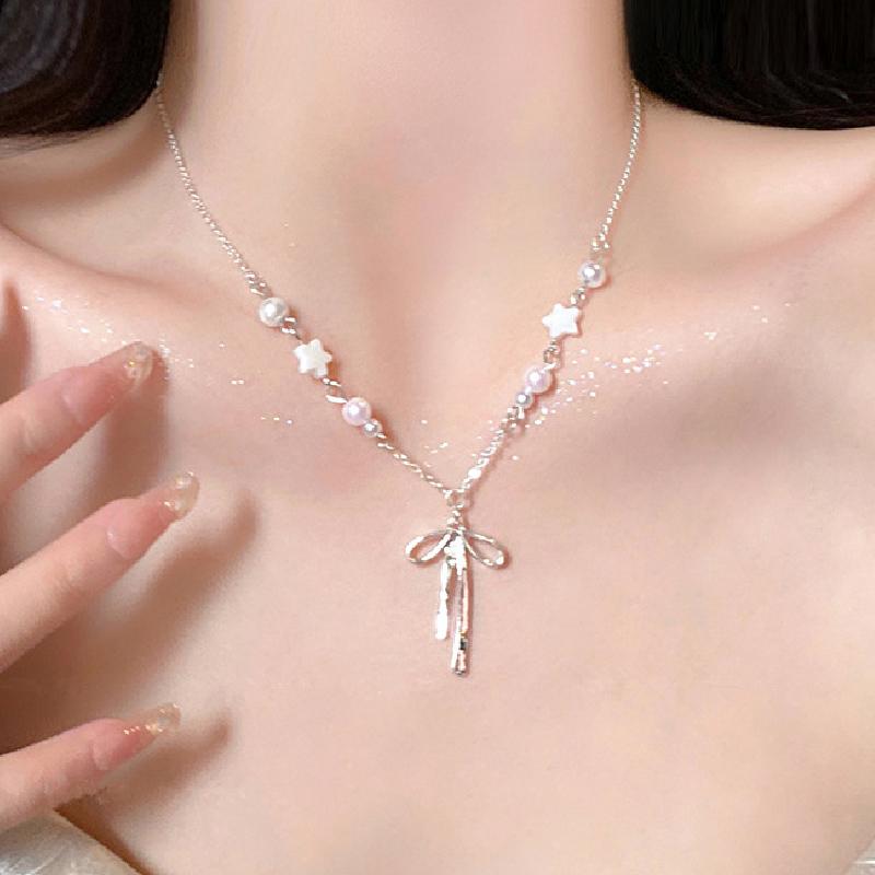 Pearl Bow Star Necklace Girls Light Luxury Niche Versatile Decorative Necklace Temperament Fashion Accessories Collarbone Chain