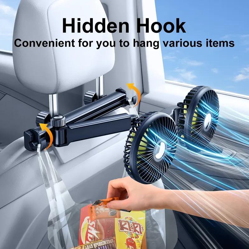 Hipacool Extension Arm Dual-Head Fan for Car Headrest 360° Rotation Air Cooling Fan Angle Adjustable 3-Speed Wind Brushless Fan
