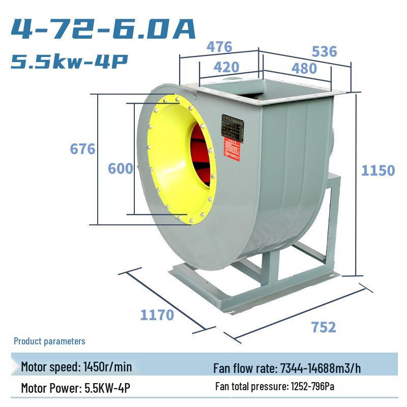 4-72 Industrial High-Power Centrifugal Fan for Exhaust, Dust Removal, and Smoke Extraction.