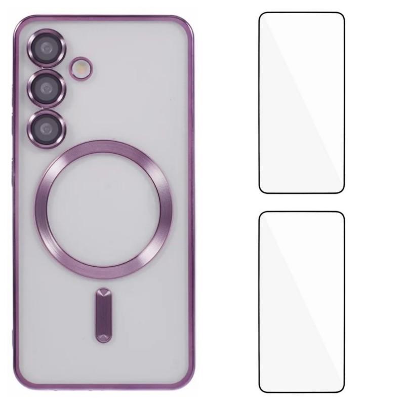 

For Samsung Galaxy S24 FE Magnetic Case WANLONFENG Electroplated TPU Cover with Lens Film+2Pcs Tempered Glass Dark Purple