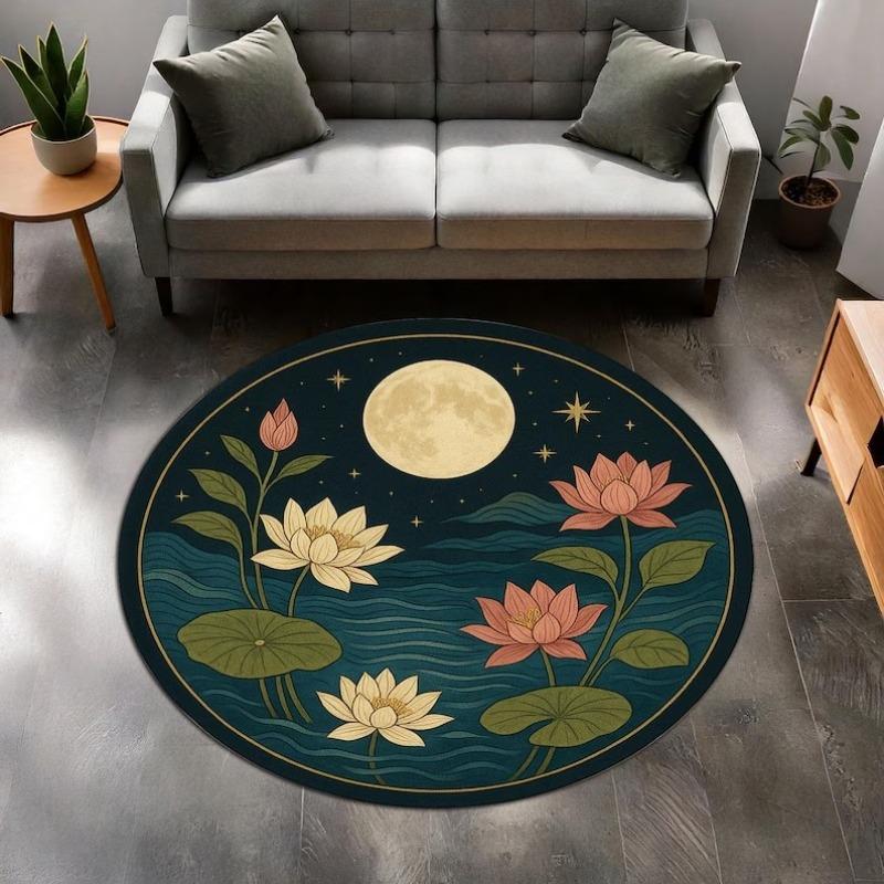 Lotus Flower and Moon Round Rug – Celestial Botanical Carpet with Stars and Nature Inspired Design for Boho Living Room