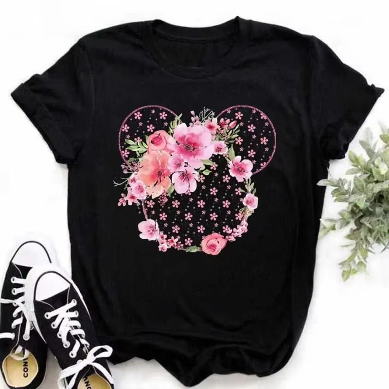 2026 New Colorful Cute Mickey Mouse Head Classic Pattern Breathable Crew Neck Top Daily Wear Short Sleeve