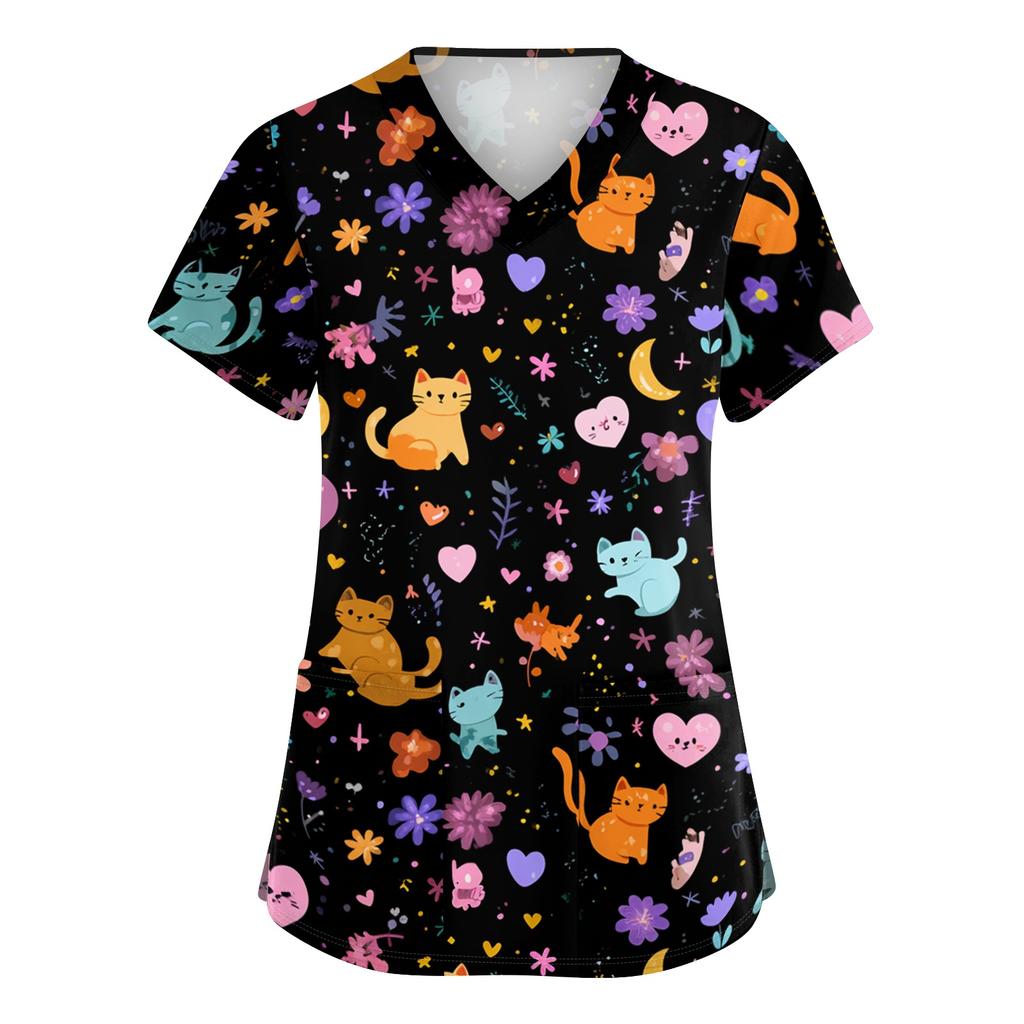 Women's V Neck Short Sleeve Work Top with Pockets Cartoon Print Medical Uniform Scrub Shirt for Healthcare Professionals