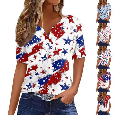 Damen-T-Shirt mit Aufdruck „Unabhängigkeitstag“ und Knopfleiste, kurzärmelig, für den Alltag und das Wochenende, modisch, Basic, V-Ausschnitt, normales Oberteil
