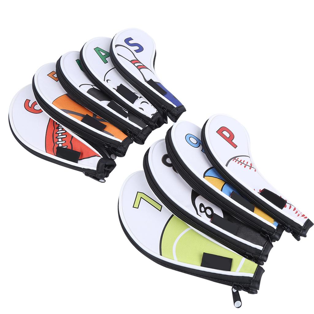 9Pcs Golf Iron Head Covers Sleeve Digital Zipper Sport Pattern Protective PU Waterproof