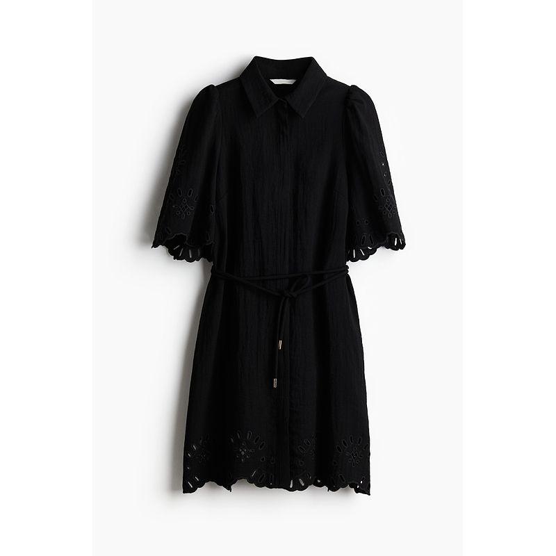 

Женское платье HM 2025 Лето Новое поступление Милое платье рубашечного стиля с вырезами и вышивкой и отложным воротником 1272813 Black 155/80